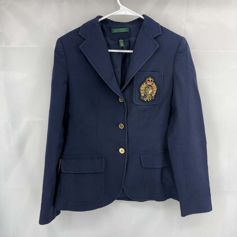 Lauren Ralph Lauren Women 4 Crest Blazer Single Breasted Navy Blue Gold Button